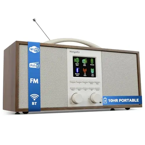 SR40 Radio Internet Rechargeable avec Bluetooth,Podcast Player-Radio Dab/Dab+ et FM stéréo, Batterie 10+ Heures, Véritable Son 2.0, 150 présélections,boîtier Bois et poignée Aluminium-Noyer