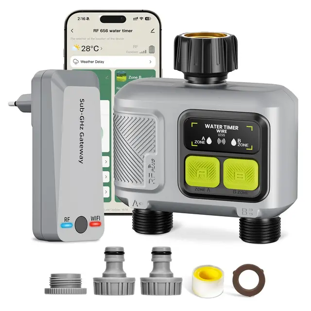 Ordinateur d'arrosage Wi-Fi à 2 sorties, programmateur d'arrosage intelligent (portée RF de 300 m), commande par application/voix, temporisation en cas de pluie, arrosage automatique pour pelouse
