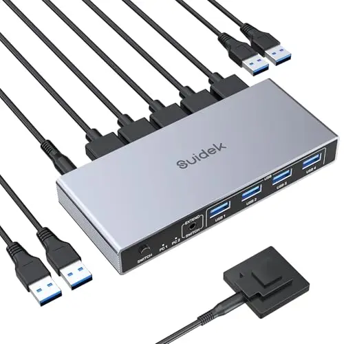 SUIDEK Commutateur KVM Displayport 1 moniteur 2 ordinateurs, 8K@60Hz DP KVM Switch USB 3.0 KVM Switcher avec 4 ports USB, incluant un contrôleur de bureau, 2 câbles USB et un adaptateur d'alimentation