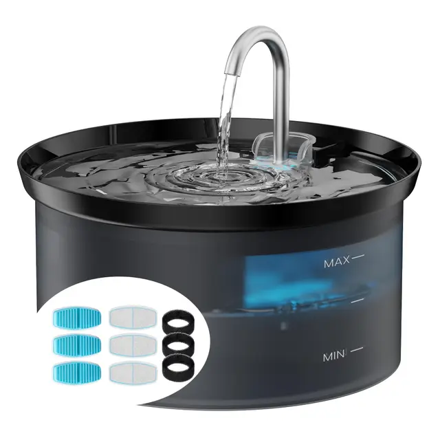 Fontaine à Eau pour Chat + 6 filtres + 6 éponges, Fountaine d'eau de Compagnie avec Pompe Ultra Silencieuse, Filtre à Carbone Activé Gardez l'eau Propre, Capacité 2L, Conception de Robinet
