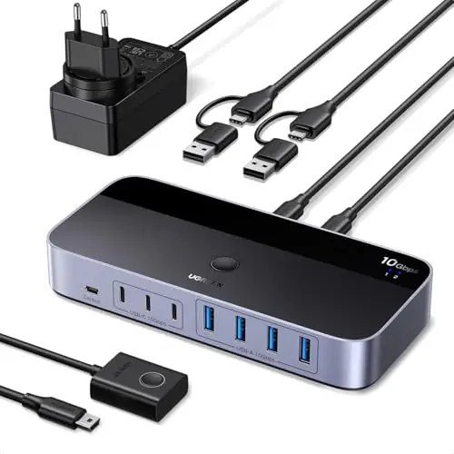 UGREEN Switch USB C 3.2 10Gbps Commutateur KVM 2 PC Entrées Partagent 7 Sorties Périphériques USB 4A3C pour Clavier Souris Disque Dur Imprimante Scanner Microphone avec Adaptateur Secteur DC 12V