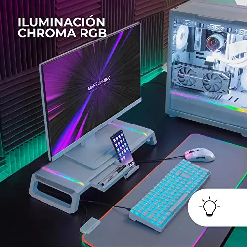 Mars Gaming MGS-ONE Blanc, Support Moniteur Chroma RGB, Taille Ajustable, Support Smartphone et Tablette, USB 2.0 en Façade