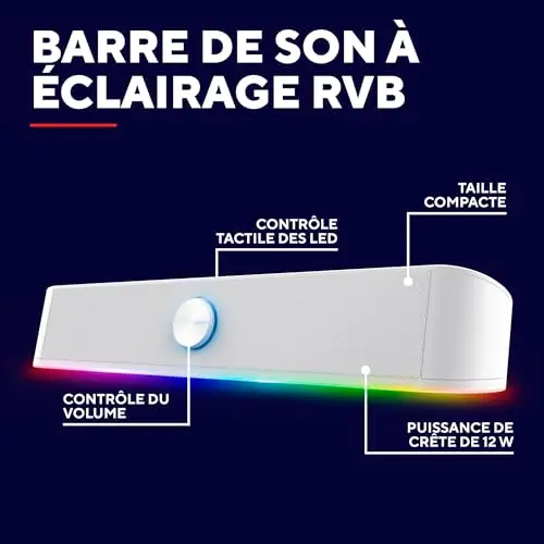 GXTrust 1619W Rhox Barre de Son Éclairée RGB, Enceintes Stéréo 2.0 Éclairage LED, 12W, Alimentation USB, Câble AUX 3.5 mm, Enceinte PC pour Ordinateur Portable, Blanc