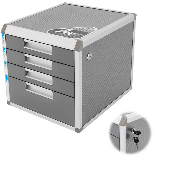 Armoire de classement à 4 tiroirs verrouillables en alliage d'aluminium - Boîte à documents pour format A4 - 31,5 x 35 x 29,8 cm - 1 grand + 3 petits compartiments, étagères en MDF et 2 clés - Gris