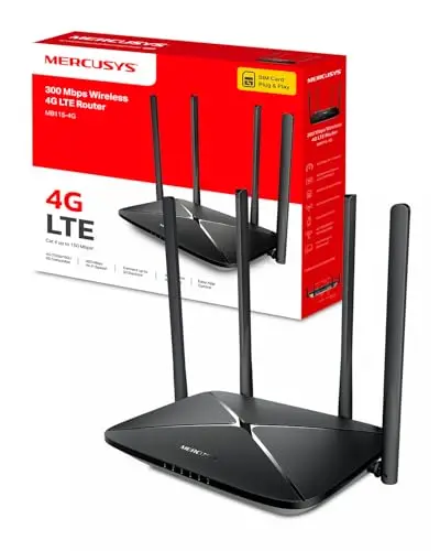 Mercusys MB115-4G TP-Link Routeur 4G LTE, WiFi 300 Mbps en 2.4 Ghz, Carte SIM Nano, 4 Antennes Puissantes, Jusqu’à 32 Appareils, Mode routeur Via 4 Ports WAN/LAN, Compatible Multi-Opérateurs