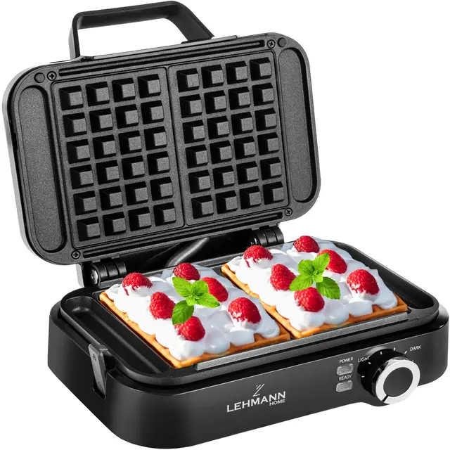LEHMANN Gaufrier Double pour Gaufres Belge, 1200W, Gaufres 12,5 x 8,5 x 2 cm, Prêt en 3 Minutes, Réglage de la Température Jusqu'à 240°C, Revêtement Antiadhésif, Nettoyage Rapide et Facile