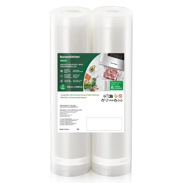 Bonsenkitchen Rouleau de Mise Sous Vide 2 Rouleaux de 20 x 600 cm Sac Sous Vide Alimentaire pour la Conservation des Aliments et la Cuisson, VB3206