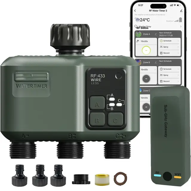 Johgee Programmateur Arrosage WiFi 3 Voies, avec Technologie RF 433 500M, Minuteur Arrosage Automatique avec Temporisation de la Pluie, 2 Modes D'arrosage, Télécommande Smart APP pour Jardin, Pelouse