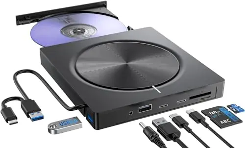 Lecteur CD DVD Externe pour PC, USB 3.0 et Type-C Graveur D VD Externe avec 2*USB-A 2*USB-C et Fente SD/TF, Optique Portable CD DVD -/+RW Drive pour Windows/MacOS/Laptop/Desktop