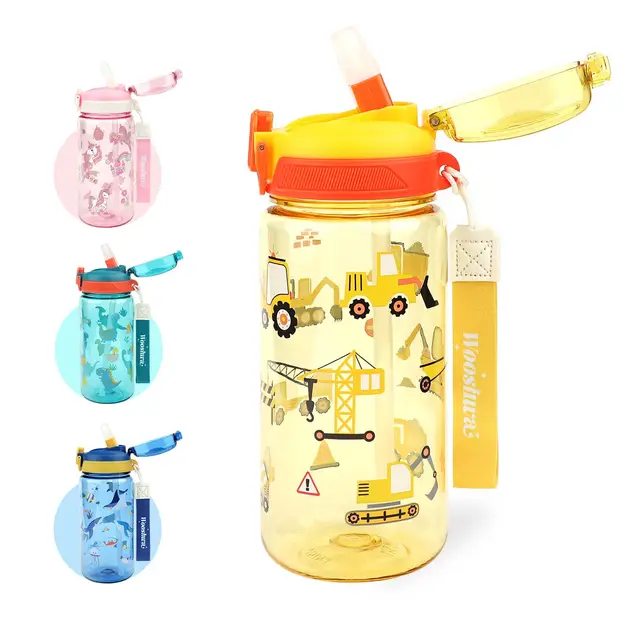 Gourde Enfant avec Paille, Pour Garçons, Anti-Fuite, Étanche, 600 ml Bouteille Enfant sans BPA, Verrouillage Sécurisé, Bouteilles d'eau pour Maternelle l'école Sport, Excavatrice