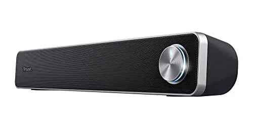 Trust Arys Enceinte PC, 12 Watt, Barre de Son PC, Alimentation USB, Jack 3,5 mm, Haut Parleur pour Ordinateur Portable, Tablette, et TV - Noir