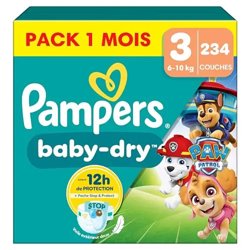 Pampers Baby-Dry, Taille 3, 234 Couches, 6-10kg, A La Rescousse Contre Les Fuites Grâce A Une Protection Intégrale Jusqu'à 12h, Edition Limitée avec La Pat’Patrouille, Pack 1 Mois