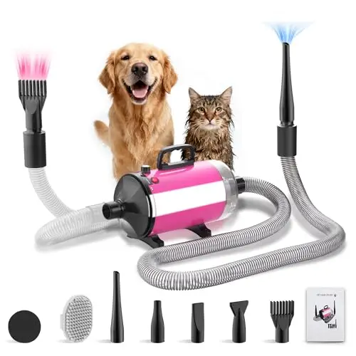 DEWINNER Sèche-Cheveux pour Chien Blower 3200 W, Pulseur Chien avec Aspirateur, Animaux Vitesse et Température Réglable, avec 5 Buses différentes, 1 Tuyau élastique et Brosse d'entretien