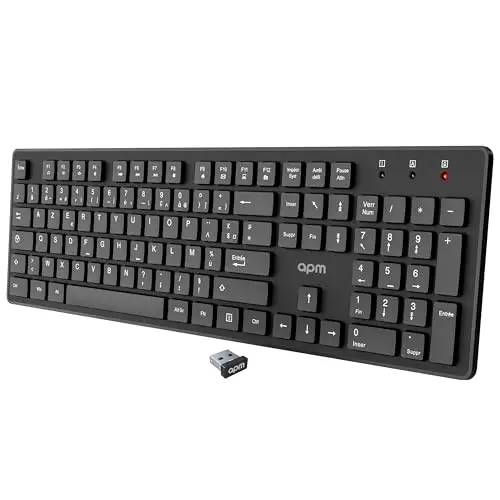 APM Clavier Sans-Fil, 2.4GHz, AZERTY, 105 Touches Ergonomiques, Raccourcis Multimédias, Compatible avec Ordinateur PC Portable MacOS Windows Linux, 100041