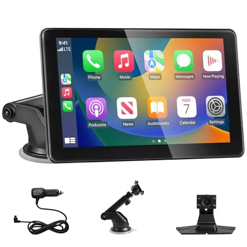Écran Carplay Voiture pour Carplay et Android Auto sans Fil, 7 Pouces HD Ecran Tactile Autoradio Portable, Car Play Voiture avec Bluetooth 5.3, Mirror Link, Navigation GPS, AUX/FM, Commande Vocale