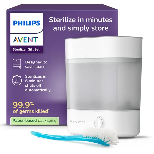 Philips Avent stérilisateur coffret cadeau - Stérilisateur électrique à vapeur avec goupillon pour biberon et tétine, nettoyage et stérilisation faciles des biberons, tire-laits, SCF291/30