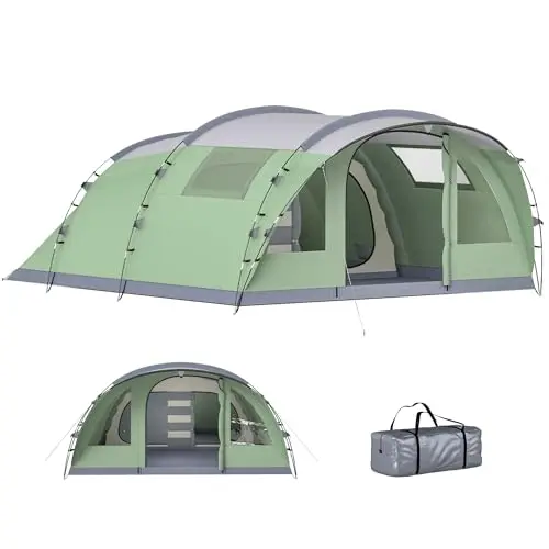 Outsunny Tente de Camping pour 5 Personnes, Tente Tunnel familiale légère ventilée étanche 3 000 mm Montage Facile, 4 fenêtres et Porche, Sac de Transport, pour randonnée Trekking pêche, Vert