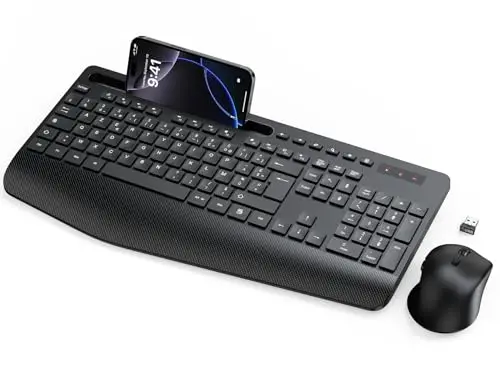 Ensemble Clavier et Souris sans Fil, Ergonomique Pleine Taille Clavier avec Repose-Poignet, Support, Mode Veille, 2,4 GHz Silencieux Clavier Souris pour Windows, PC, Laptop, AZERTY-KM23 (Noir)