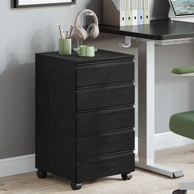Hzuaneri Caisson de Bureau avec 5 tiroirs, Meuble de Bureau, Casier sur roulettes, Armoire à tiroirs pour télétravail, Noir 40 x 40 x 70 cm FC55504X