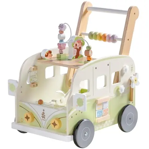 ROBUD Trotteur en bois - Vitesse et hauteur réglables - Aide à la marche pour bébé - Jouet éducatif - Cadeau pour garçons et filles à partir de 10 mois - 1-2 ans - Vert