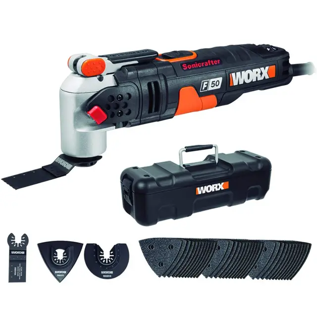 WORX Outil Multifonctions Sonicrafter F50 450W WX681, Pour Couper, Polir, Poncer, Gratter, Enlever, Multimatériaux, Accessoires universels, Livré Avec Coffret de Rangement et 39 Acessoires