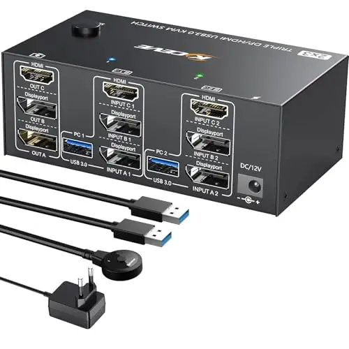 KVM Switch 2 PC 3 Moniteurs 8K@60Hz 4K@144Hz, KVM Switch Triple Monitor 2 DisplayPort + 1 HDMI pour 2 PC partagent 4 USB 3.0 Port, Souris, Clavier,Wired Remote(8K HD DP 2 in 3 out KVM)