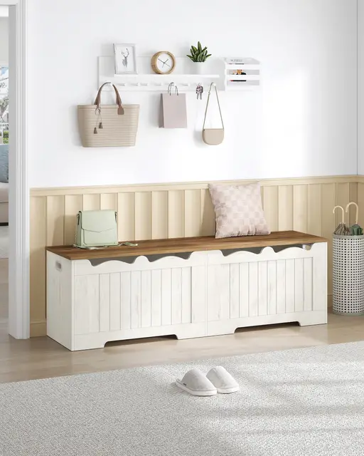 Hzuaneri Coffre de Rangement, Banc de Rangement, avec 2 Charnières de Sécurité, Imitation Grange, 40 x 150 x 48 cm, idéal pour Entrée, Couloir, Chambre, Brun-Blanc SB01514X