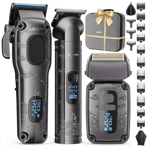 VGRPRO kit tondeuse cheveux hommes, barbe, Rasoir Electriques Imperméable à Grille, Tondeuse Cheveux Sans Fil, Réglage à 4 Vitesses, Affichage LED de la Batterie,Utilisation en Barber (Gris)