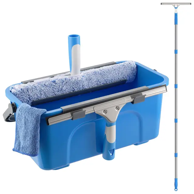 Mitclear Kit de Nettoyage de Vitres, 8 Pièces, Inclure Seau 12L, Raclette Silicone, Brosse Microfibre, 196cm Télescopique Manche, Chiffon, Lave Vitre Professionnel pour Usage Domestique et Commercial