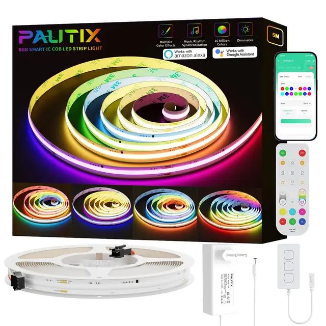 PAUTIX WIFI RGB Smart IC Ruban LED COB 5M Kit, DC24V Pixels à Changement de Couleur Adressable Smart RGB LED Bande Lumineuse Travailler pour Alexa/Google Assistant pour Projets d'Éclairage à Domicile