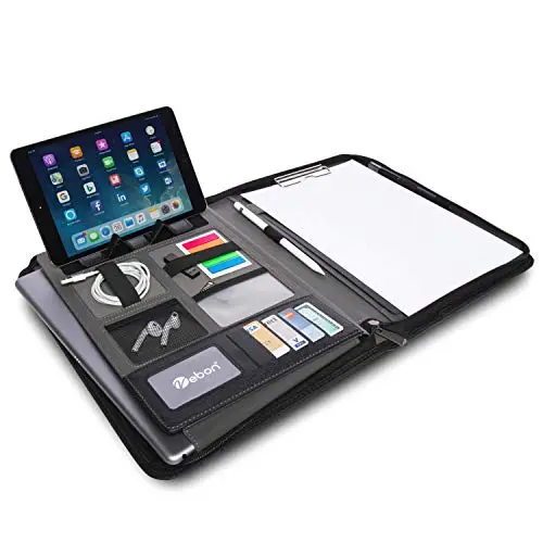 Vebon Porte-Documents de conférence A4 London en Cuir végétalien avec Fermeture éclair I Porte-Documents + Sacoche pour Ordinateur Portable I 2in1 I Support pour Smartphone + Pince (Noir)