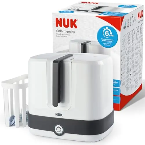 NUK Vario Express Stérilisateur de biberons | Stérilise à la vapeur jusqu'à 6 biberons et accessoires en 6 minutes | Arrêt automatique | Panier et tiges amovibles