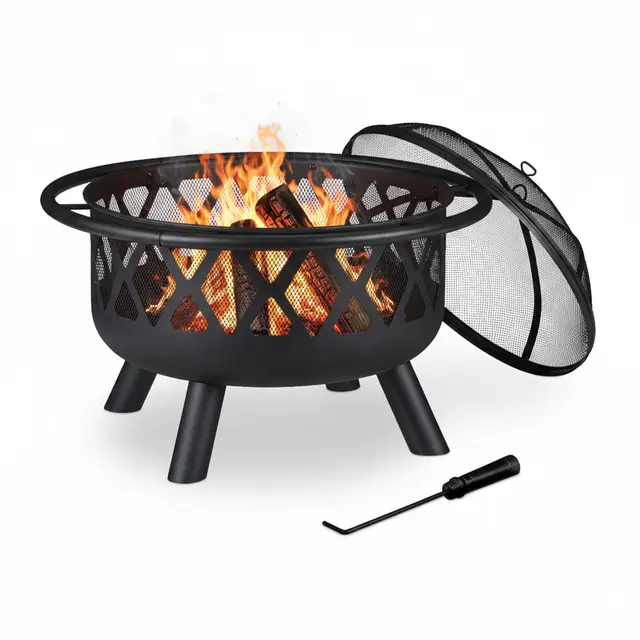 Relaxdays Brasero avec Protection étincelles, Jardin et terrasse, tisonnier, Foyer extérieur, en Acier; D 75 cm, Noir