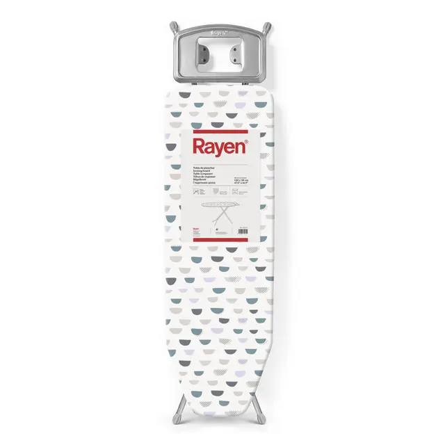 Rayen | Planche à Repasser | Gamme Basic | Planche avec Maille Métallique | Hauteur Réglable | Repose - Plaques | Grise/Imprimée Blanche | Dimensions : 120 x 38 cm