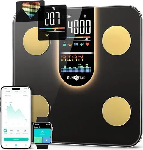 Runstar Balance Pese Personne, Pese Personnes, Intelligent 8-en-1 avec Affichage VA, Haute Hrécision, IMC, Rythme Cardiaque, Masse Grasse, 22 Mesures, Synchronisation APP
