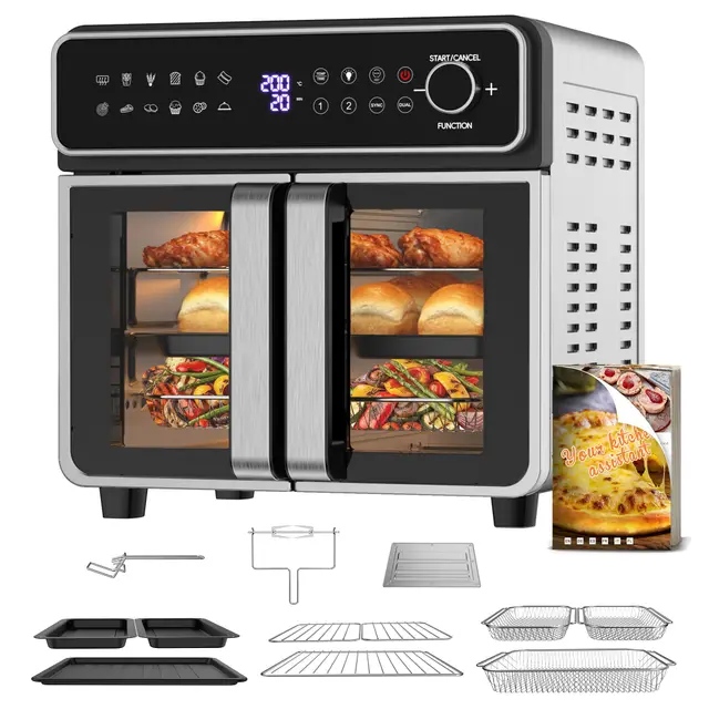 Emphsism Air Fryer XXL 23L - Mini Four Zone Flexible, Double Porte Friteuse à Air Chaud Température Indépendante 200℃, 12-en-1 Friteuse sans Huile avec Fenêtre & Éclairage Recette, Pour Familles