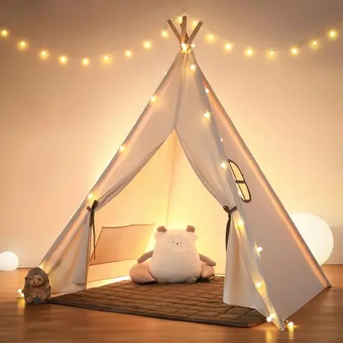 besrey Tipi Enfant avec Tapis Rembourré & Fixateur & Lumière, Pur Coton Naturel, Tente Enfant Interieur pour Garçon et Fille (Ivore)…
