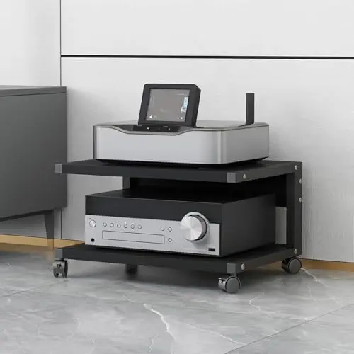 Meuble HiFi,Meubles Multimedia AV avec roulettes,étagères Audio-vidéo à 2 Niveaux,Petit Meuble Rangement en Bois,Supports Stéréo, Meuble Imprimante,pour Salon,Salle de Jeux,Bureau(Nero,50x40x30cm)