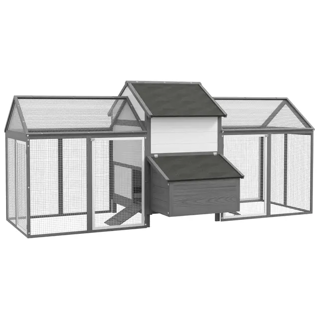 PawHut Poulailler en Bois, Cage à Poules avec 2 enclos modulaires, 1 Niche protégée, pondoir, tiroir à déjection, Rampe, perchoir Multi-équipement, 247 x 118 x 113,5 cm, Gris