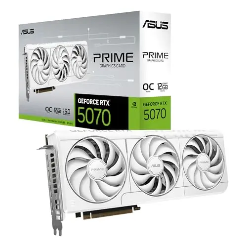 ASUS Prime GeForce RTX™ 5070 GDDR7 12GB OC Edition (Blanc) – Carte Graphique (PCIe 5.0, HDMI, Display 2.1, 2.5 Slot, Ventilateurs axiaux, SFF-Ready)