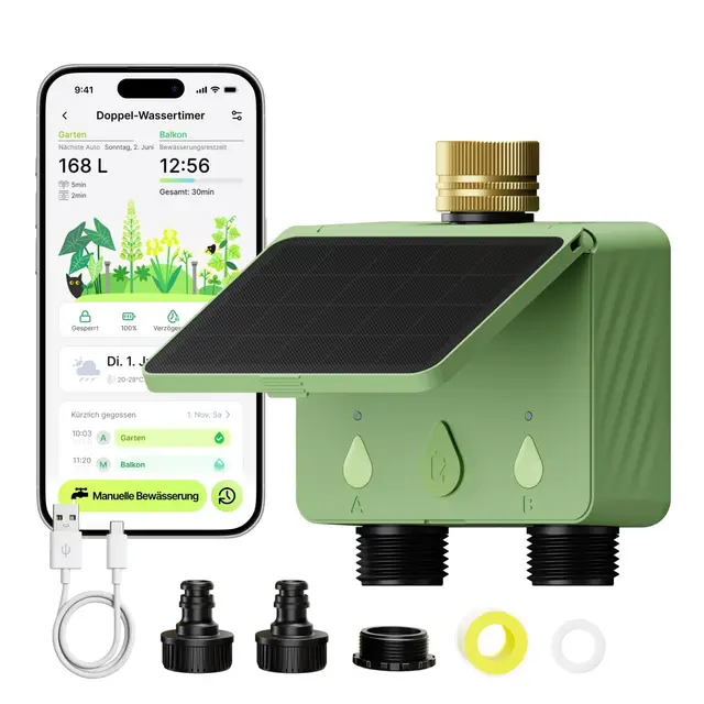 Programmateur Arrosage WiFi 2 Voies Solaire, Programmateur Arrosage Connecté avec Débitmètre, sans Hub, Entrée d'eau en Laiton, Arrosage Automatique pour Jardin (App/Alexa)