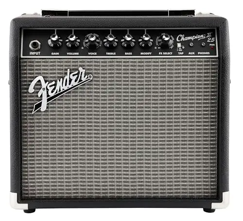 Fender Champion II 25, Amplificateur Combo pour la Guitare Électrique, 25W avec Plus de Puissance, Effets et Modèles d'ampli Améliorés, Noir/argenté, Entrée auxiliaire, Sortie Casque et Port USB