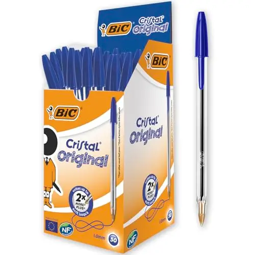 BIC Cristal Original Stylos-Bille Pointe Moyenne (1,0 mm)- Parfait pour l'Ecole et au Bureau) - Bleu, Boîte de 50