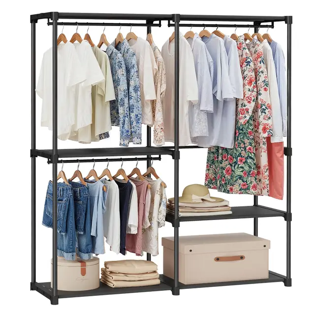SONGMICS Armoire de Rangement, Penderie Pliable, Dressing, Armoire Métallique, avec Barres de Suspension, Porte-vêtements, pour Vestiaire, Chambre, 138 x 43 x 182 cm, Noir d'encre RYG25B02