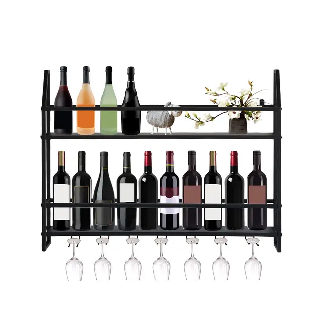 Étagère à vin - Fixation murale industrielle - Avec 2 étagères et un porte-gobelet - Charge maximale : 30 kg - Étagère en métal pour la maison, le restaurant, les bars, noir, 80 x 12 x 62 cm