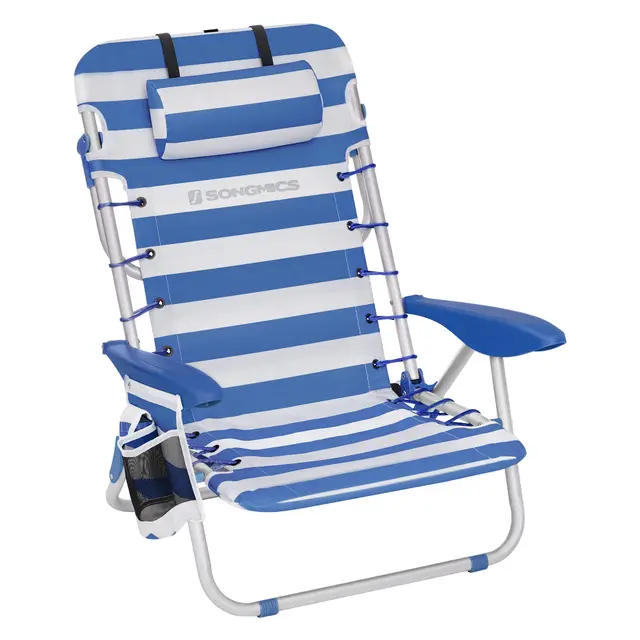 SONGMICS Chaise de Plage, Chaise Camping Pliante, avec Bandoulière, Dossier Réglable, Appui-tête, Accoudoir, 2 Pochettes Latérales, Bleu et Blanc GCB62BU
