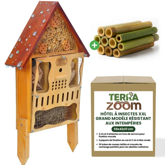Grand hôtel à insectes résistant aux intempéries XXL en bois – Hôtel à abeilles grand XXL avec piquet à suspendre ou à poser, hôtel pour abeilles sauvages & maison à hombus avec plaque avant amovible