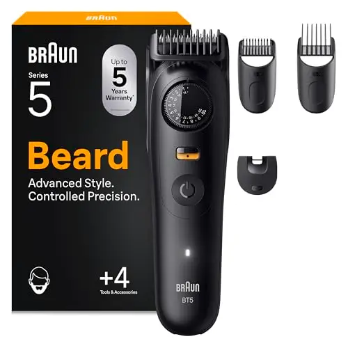 Braun Tondeuse Barbe Homme Series 5 BT5520, Noire – Etanche, Batterie Rechargeable, sans Fil, 40 Longueurs, Lame Ultra Affutée, Coffret avec +4 Outils de Barbier