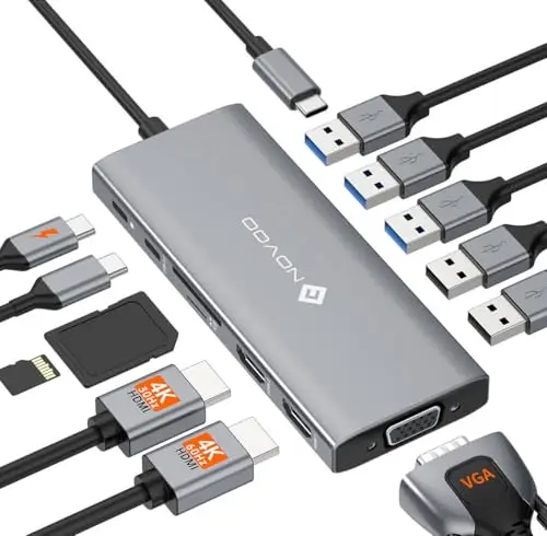 NOVOO Docking Station d'accueil USB C 12-en-1, Docking Station USB C, 2 HDMI, VGA, 5 USB Ports, 100W PD, Lecteur SD/TF, Compatible MacBook/Dell/HP/Surface