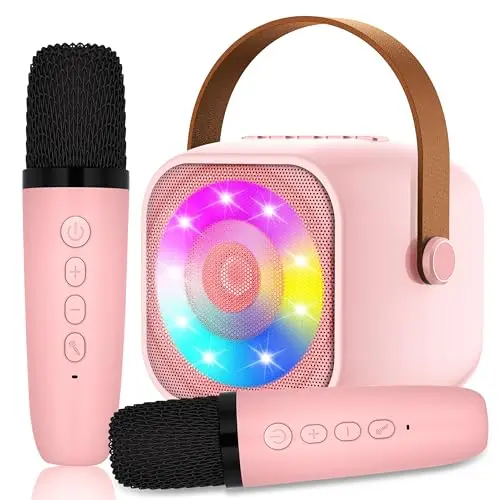 Karaoke Enfant avec 2 Microphones, Microphone Karaoké sans Fil, Haut-Parleur Bluetooth avec Micro, Jouet de Machine Karaoké avec LED Lumière pour Enfant Adulte Fille Cadeau Chanter